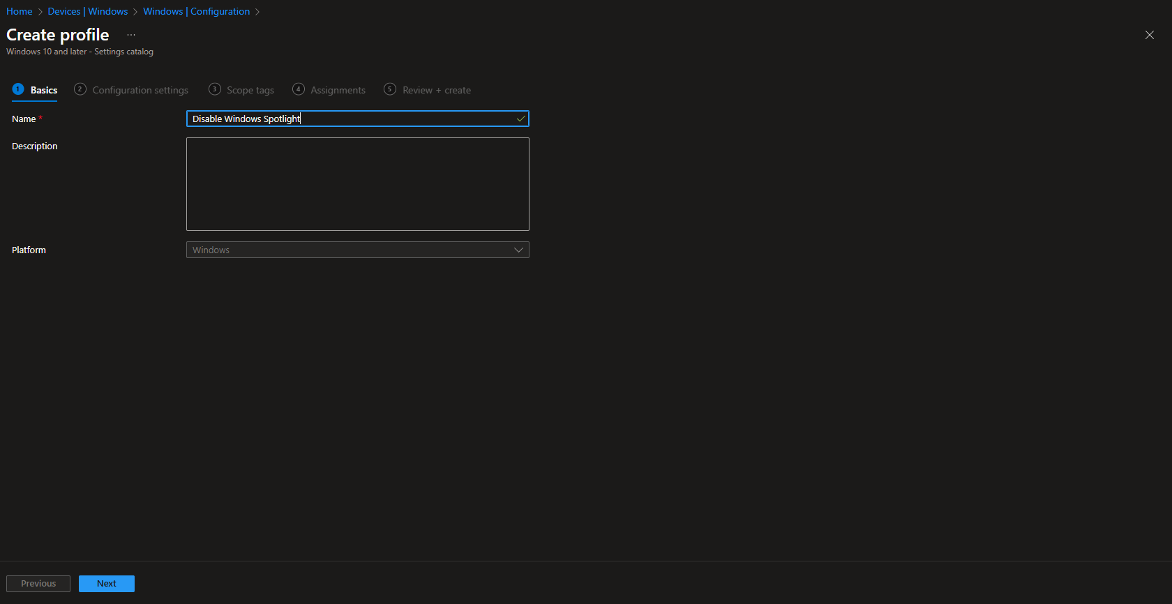 Configuration profile name and description